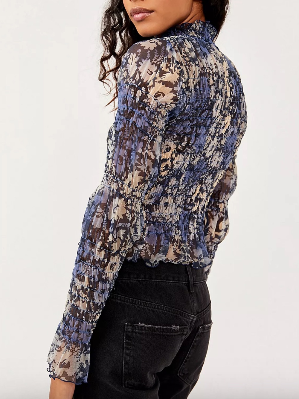Free People Hello There Top Blouse Smocked Flare Sleeve Mesh Floral Blue M - Picture 4 of 16